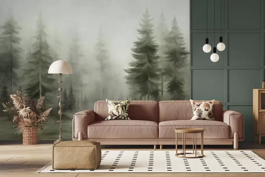 murales de pared Un bosque frondoso con altos pinos envueltos en una ligera niebla; obra de arte paisajística con textura w09830v1