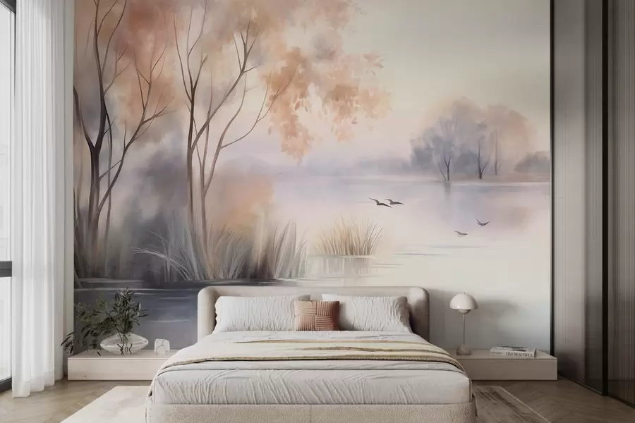 murales de pared Paisaje: un lago envuelto en niebla con árboles y juncos, pájaros volando, estilo de pintura en acuarela con textura w09866