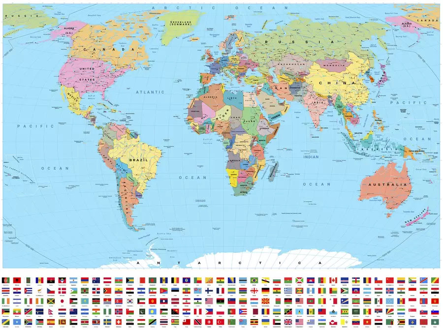 murales de pared Un mapa político del mundo a color con banderas, en inglés c00004en