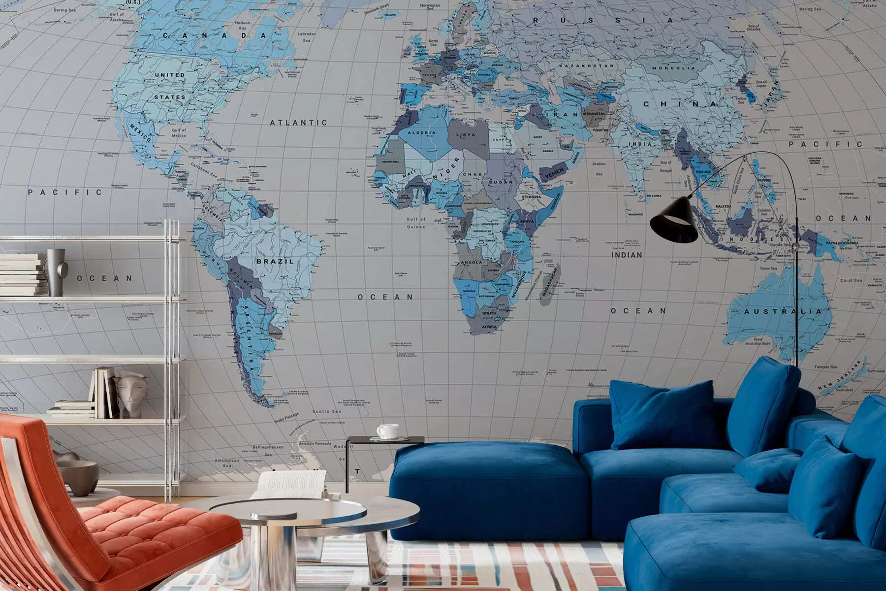 murales de pared Un mapa político del mundo con banderas en tonos azules, en inglés c00004env3