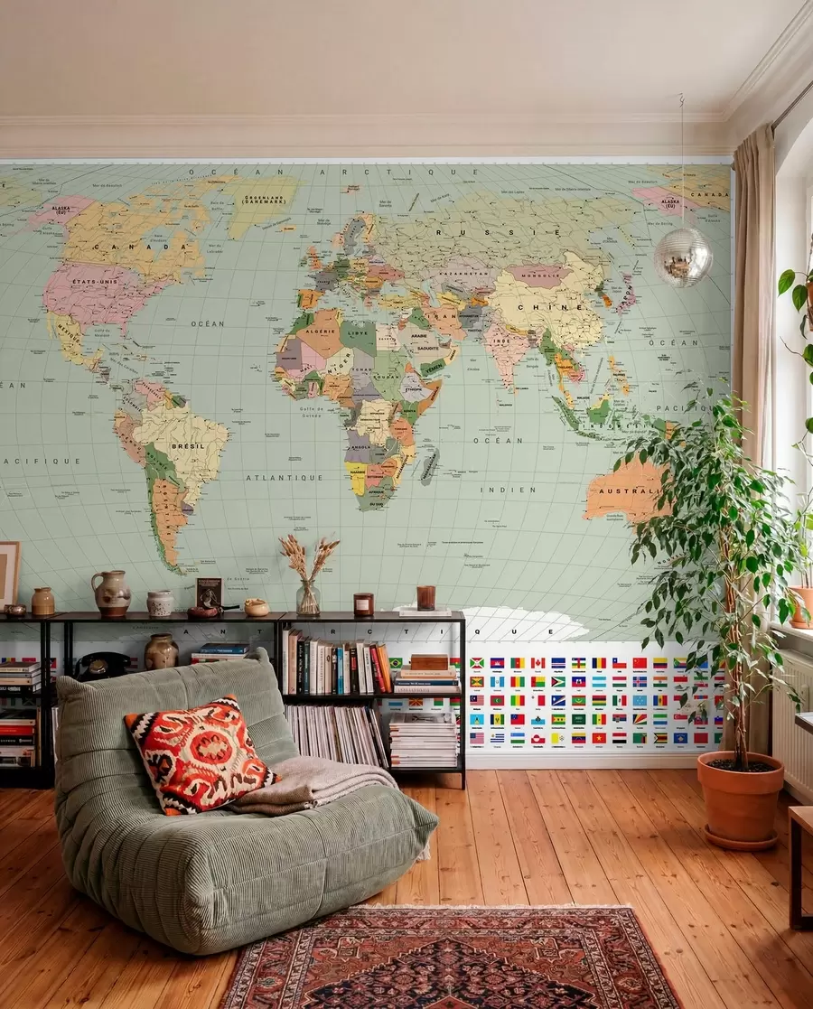 murales de pared Un mapa político del mundo a color con banderas, en francés c00004frv1