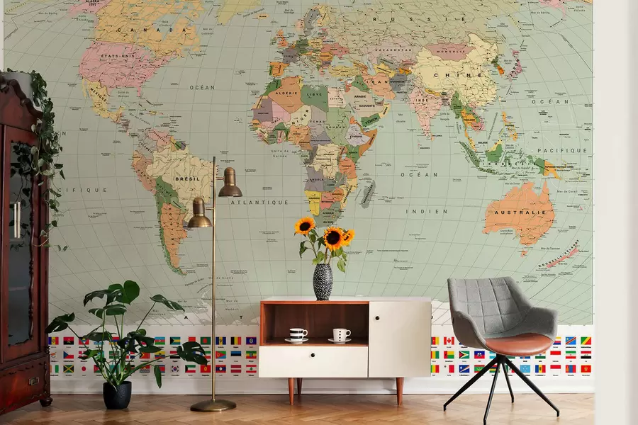 murales de pared Un mapa político del mundo a color con banderas, en francés c00004frv1
