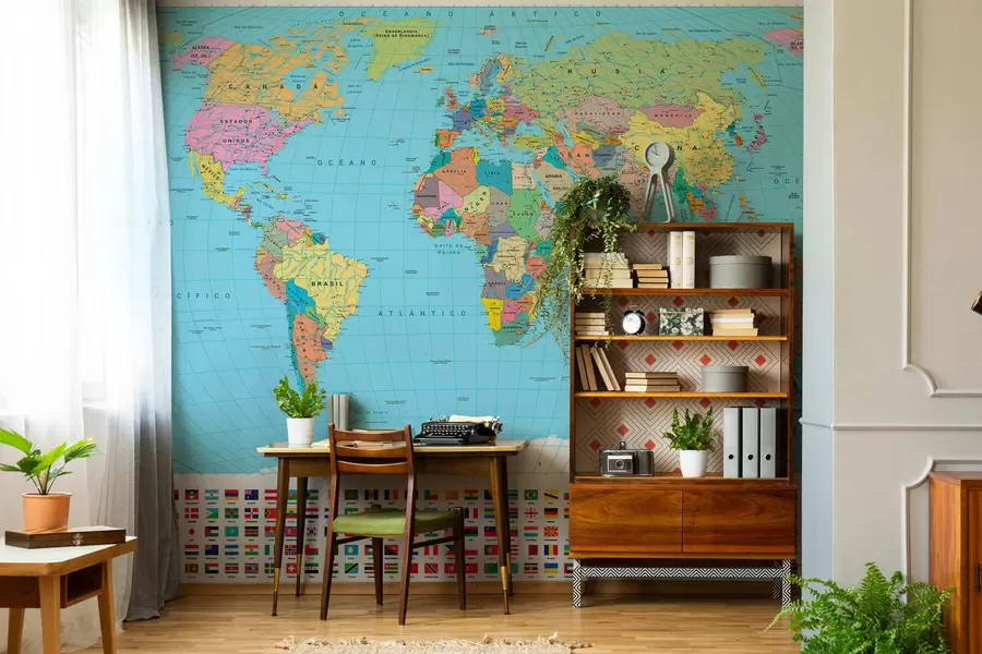 murales de pared Un mapa político del mundo en color verde oliva con banderas en español c00004es