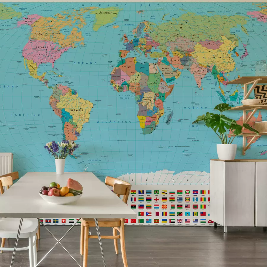 murales de pared Un mapa político del mundo en color verde oliva con banderas en español c00004es