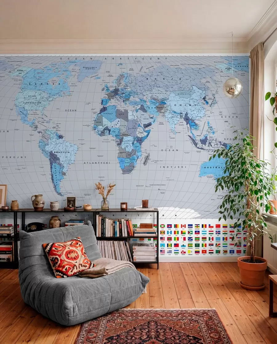 murales de pared Un mapa político del mundo con banderas en tonos azules. En polaco c00004plv3