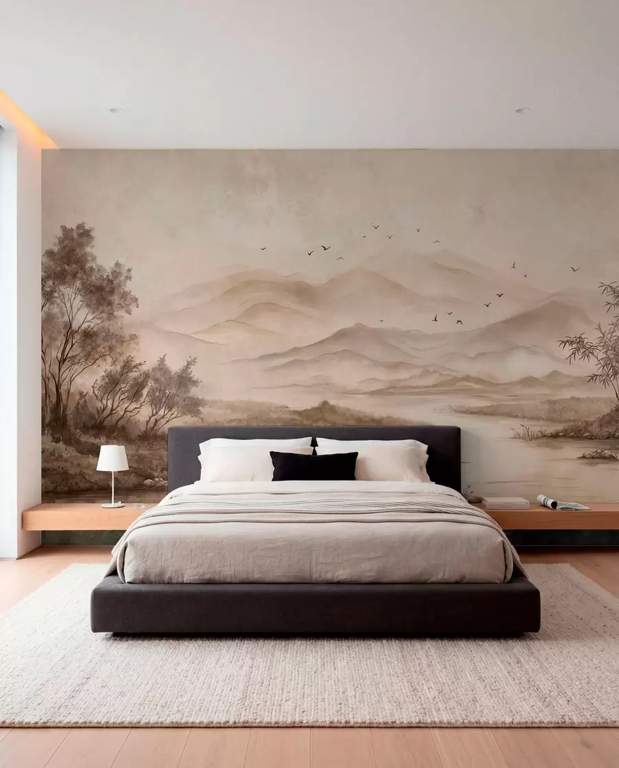murales de pared Paisaje de montaña brumoso con un río y pájaros w05535