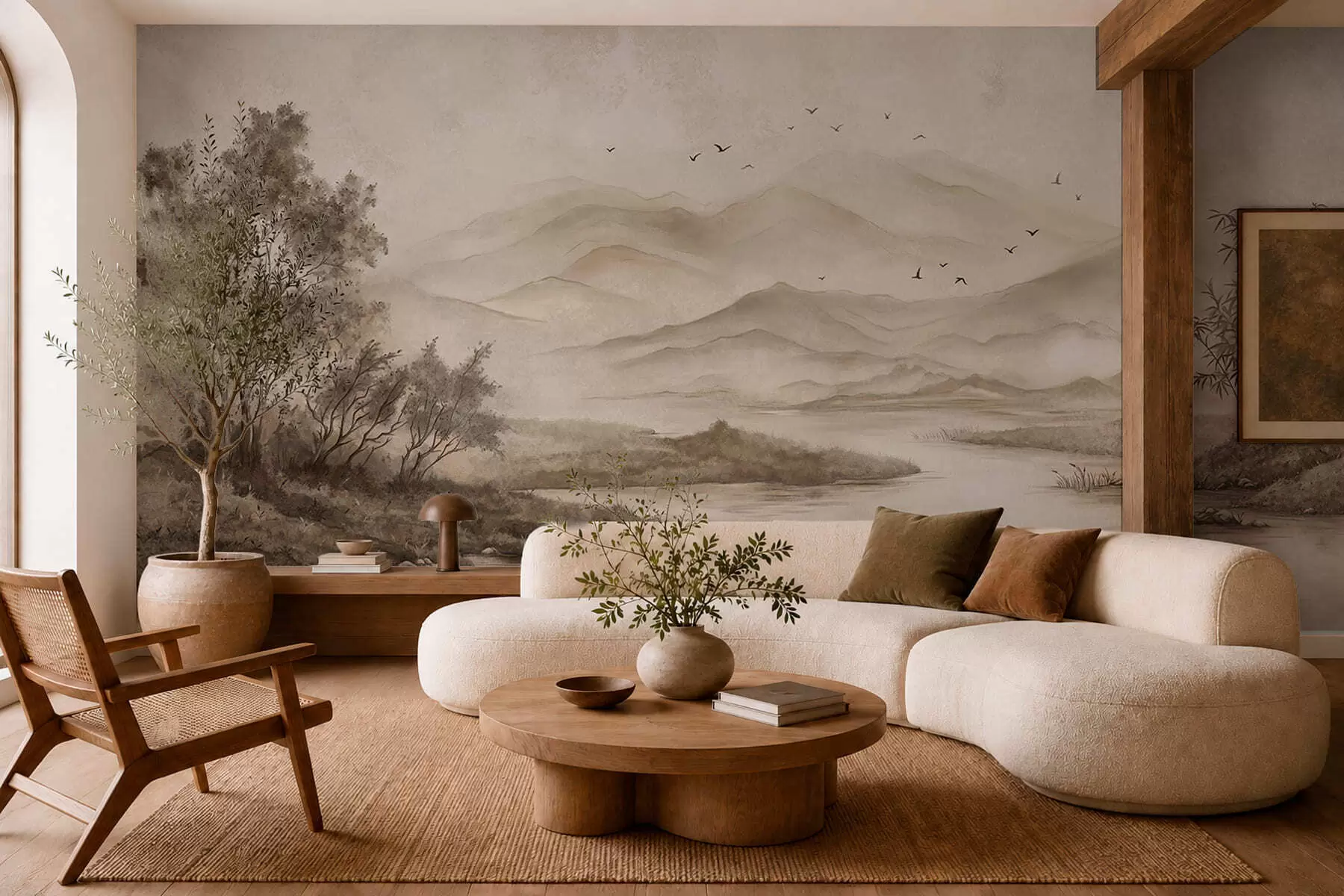 murales de pared Paisaje de montaña brumoso con un río y pájaros w05535