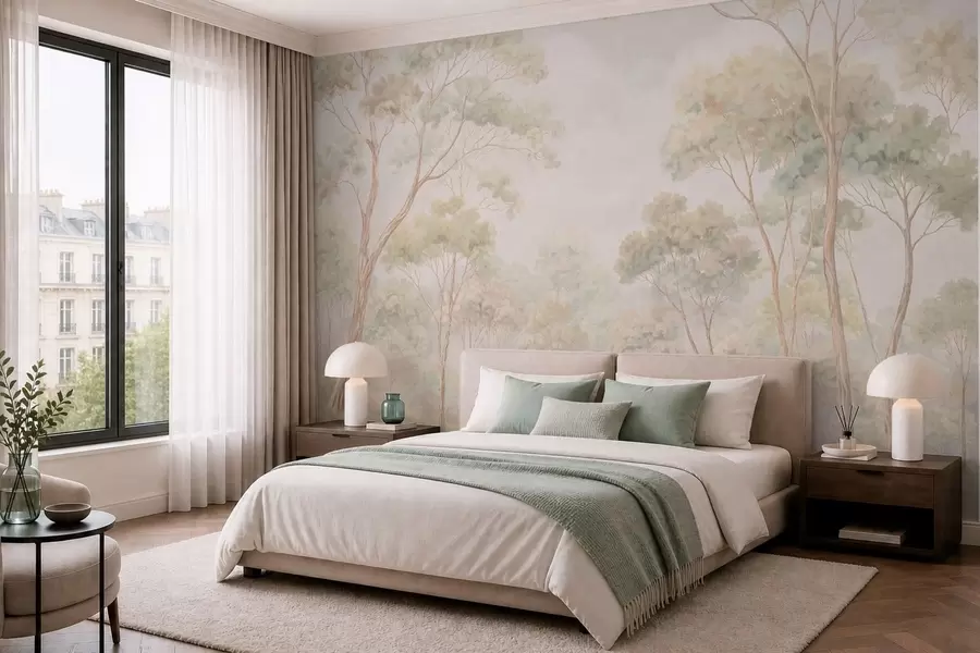 murales de pared Escena forestal luminosa con árboles altos w05624