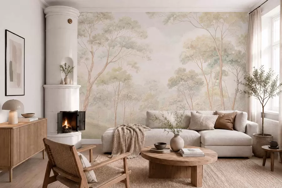 murales de pared Escena forestal luminosa con árboles altos w05624
