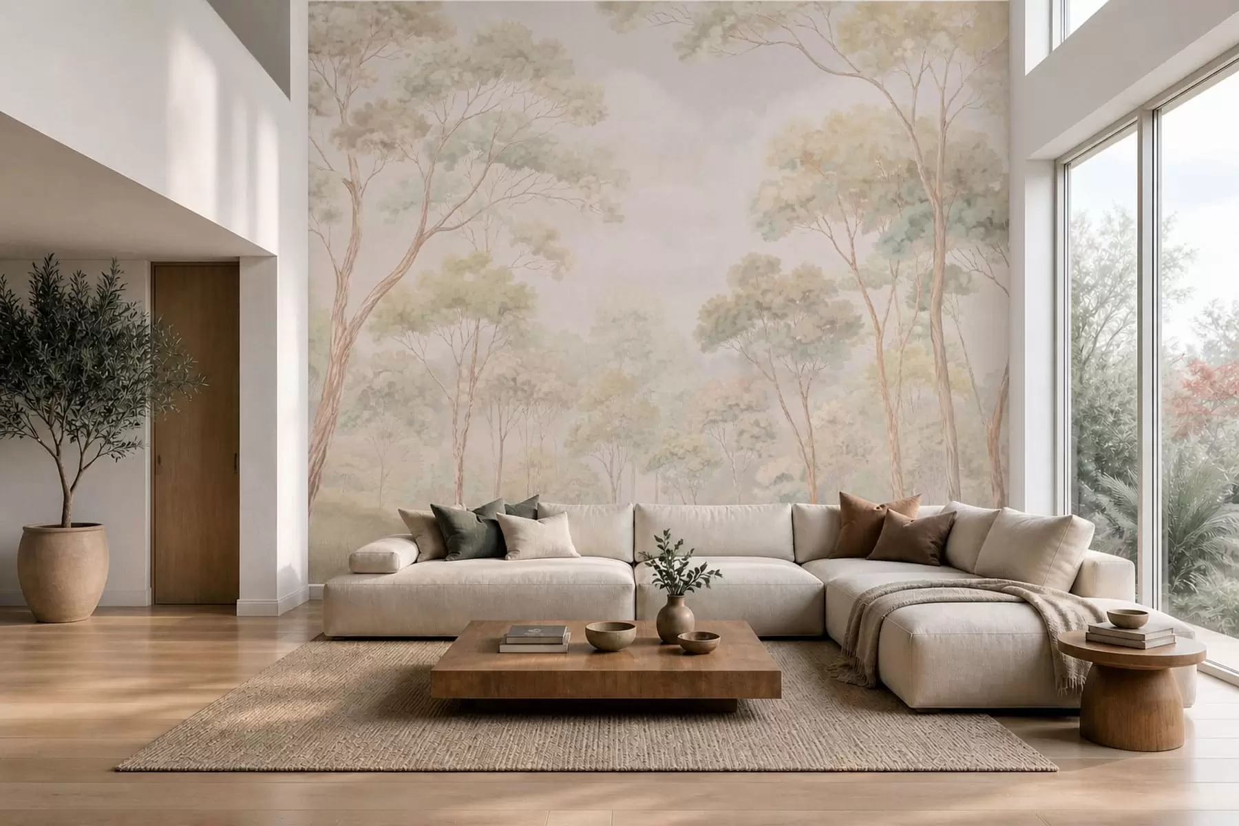 murales de pared Escena forestal luminosa con árboles altos w05624