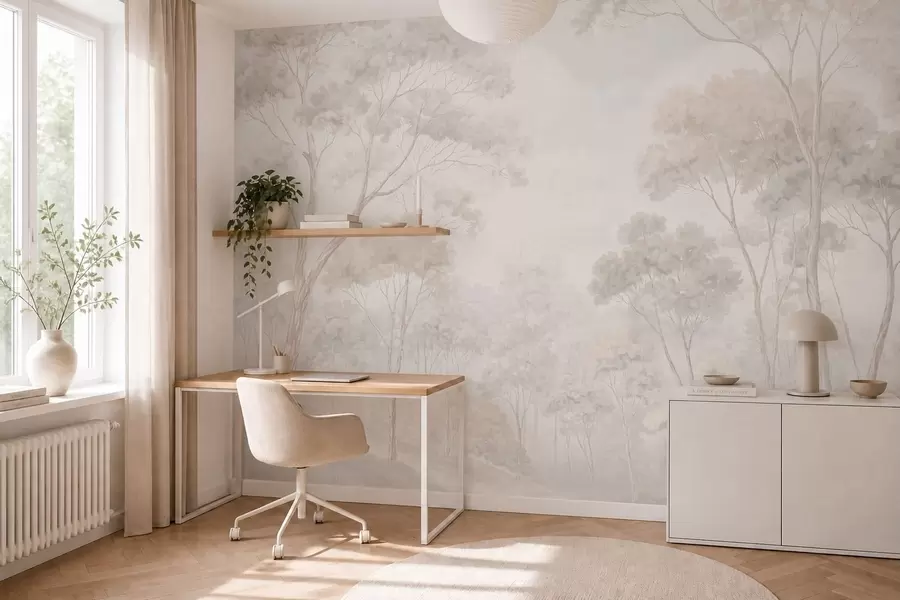 murales de pared Un bosque brumoso y apacible en tonos pastel w05624v1