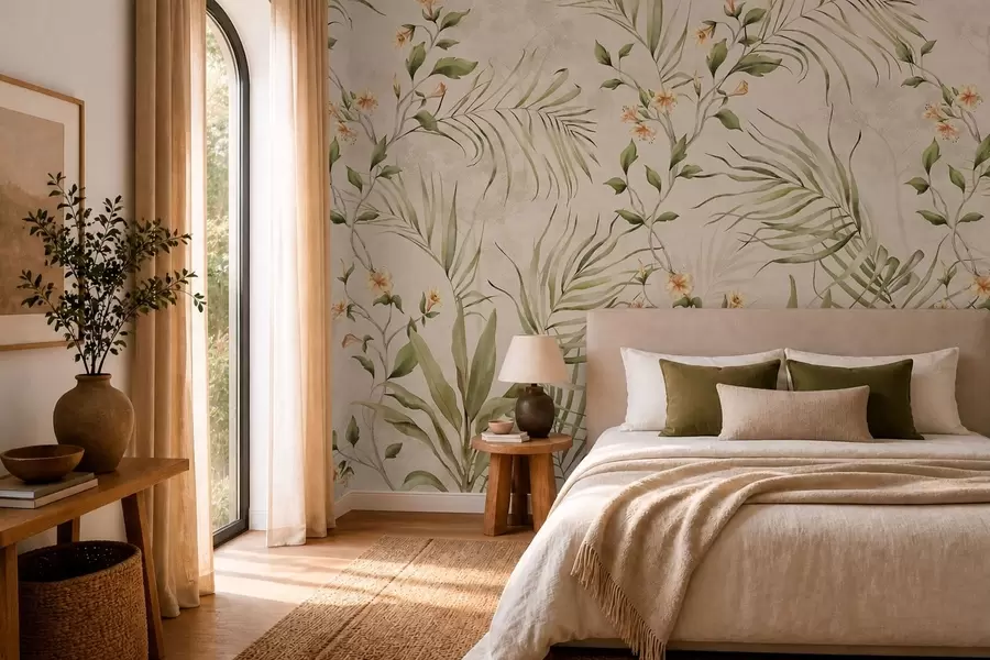 murales de pared Hojas tropicales y flores delicadas sobre un fondo beige w05625