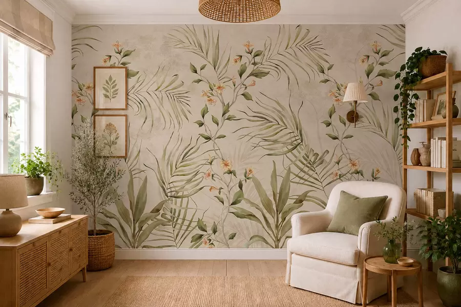 murales de pared Hojas tropicales y flores delicadas sobre un fondo beige w05625