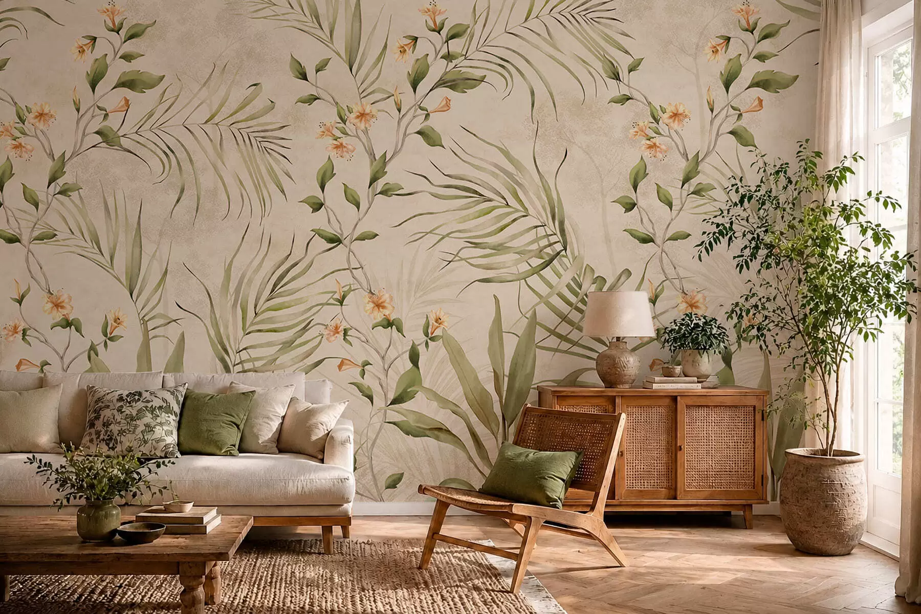 murales de pared Hojas tropicales y flores delicadas sobre un fondo beige w05625