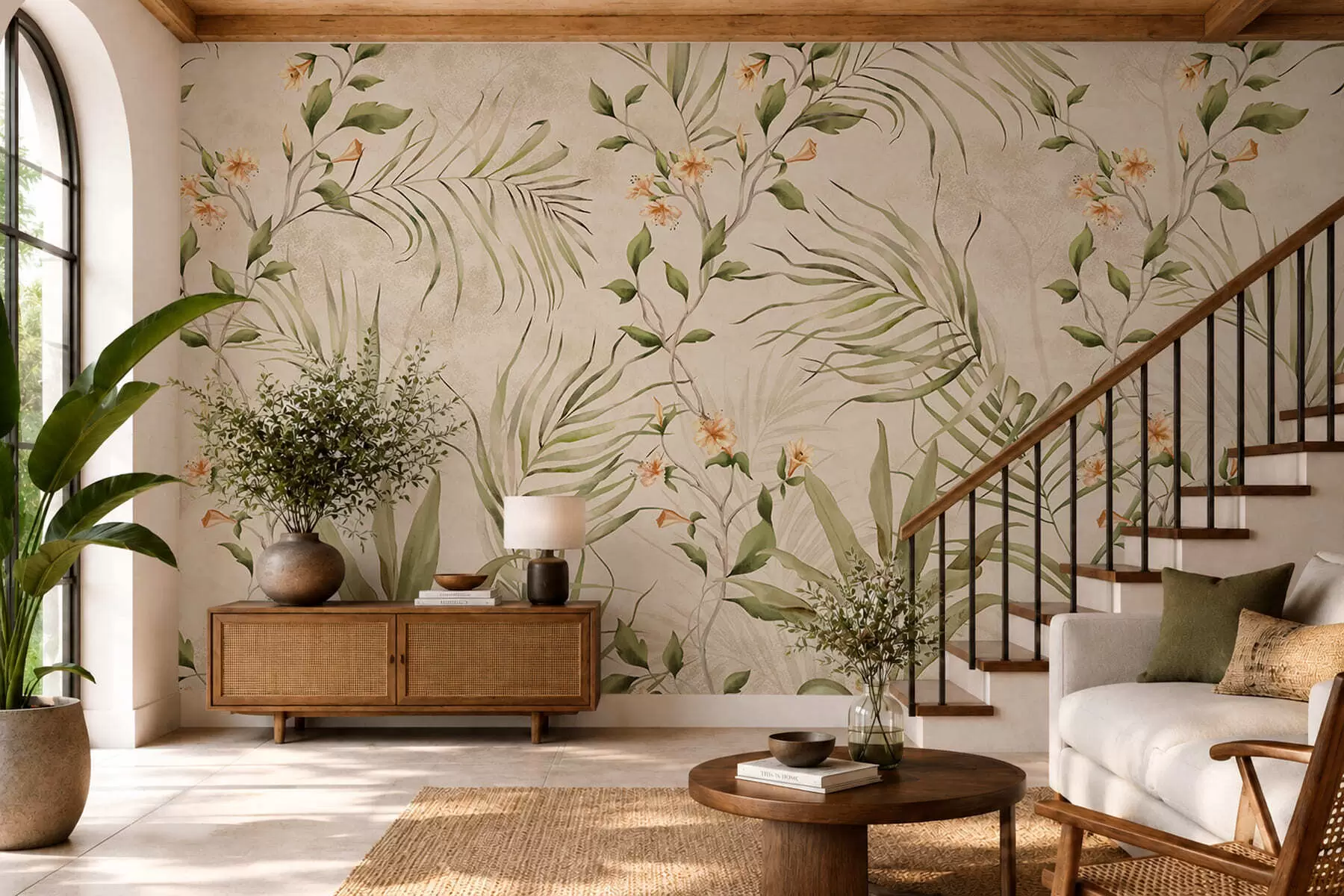 murales de pared Hojas tropicales y flores delicadas sobre un fondo beige w05625