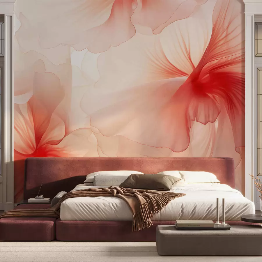 murales de pared Flores en tonos rosados suaves con pétalos vaporosos y translúcidos, al estilo acuarela; una elegante composición floral w05360