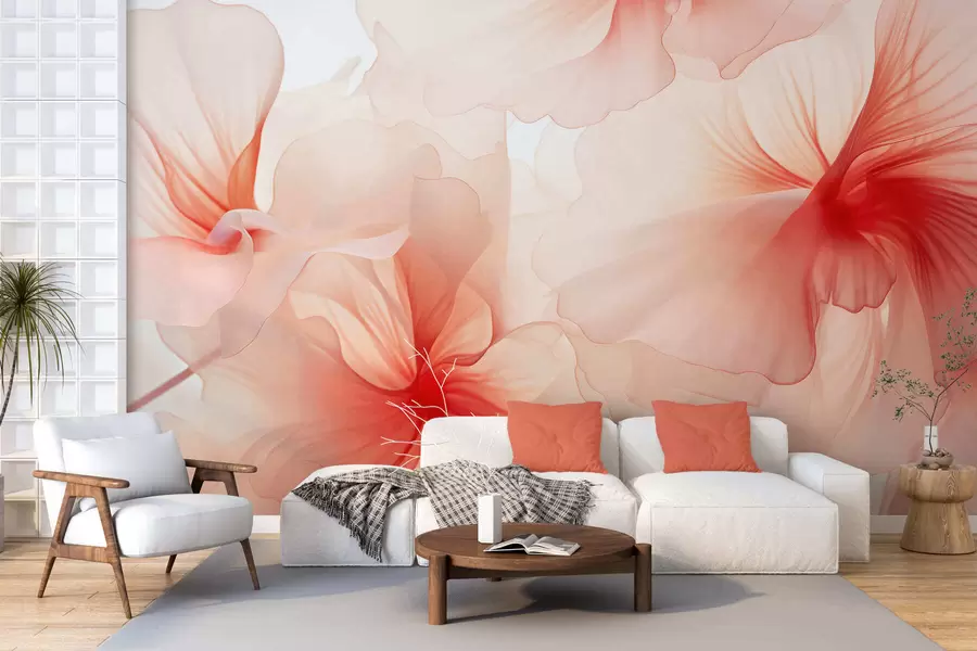 murales de pared Flores en tonos rosados suaves con pétalos vaporosos y translúcidos, al estilo acuarela; una elegante composición floral w05360