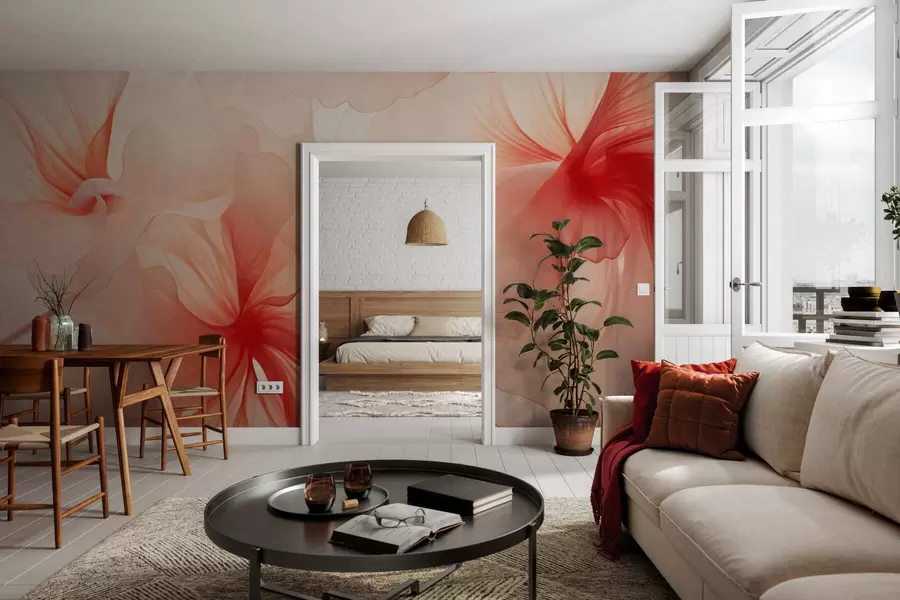 murales de pared Flores en tonos rosados suaves con pétalos vaporosos y translúcidos, al estilo acuarela; una elegante composición floral w05360