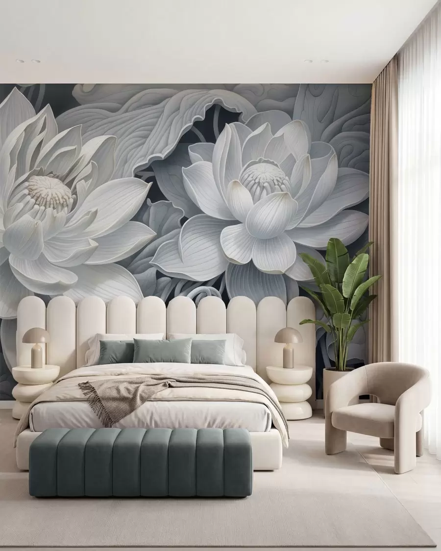 murales de pared Flores de loto de estilo vintage con suaves tonos sepia y pétalos detallados; ilustración botánica artística w05494