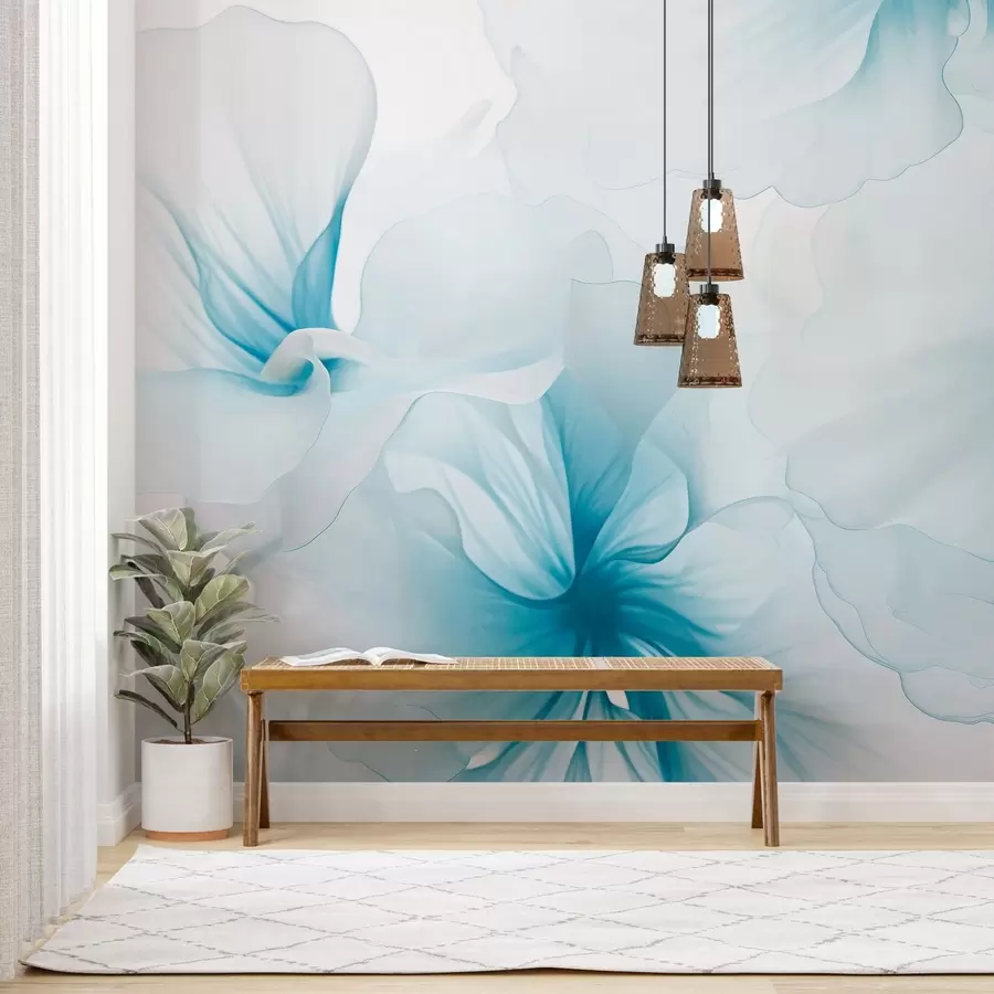 murales de pared Flores en tonos rosados suaves con pétalos vaporosos y translúcidos, al estilo acuarela; una elegante composición floral w05360v2