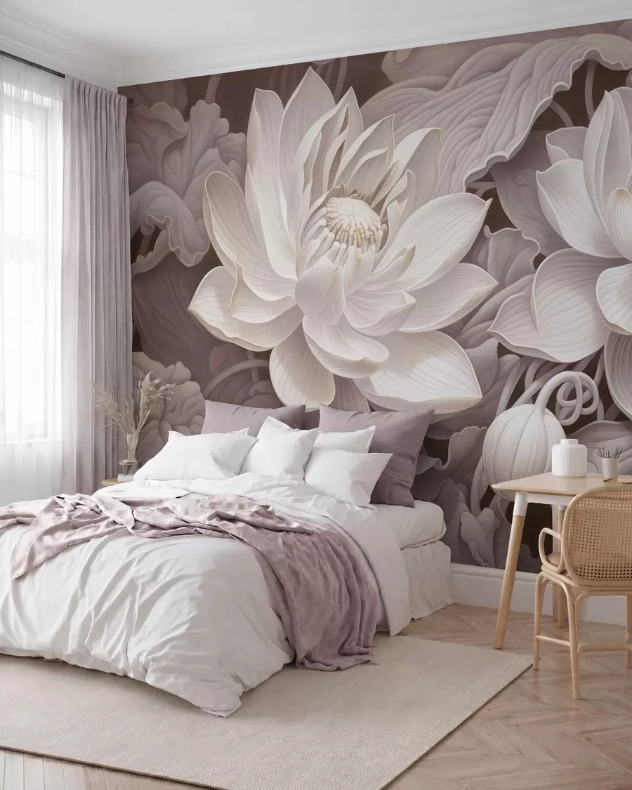 murales de pared Flores de loto de estilo vintage con suaves tonos sepia y pétalos detallados; ilustración botánica artística w05494v1