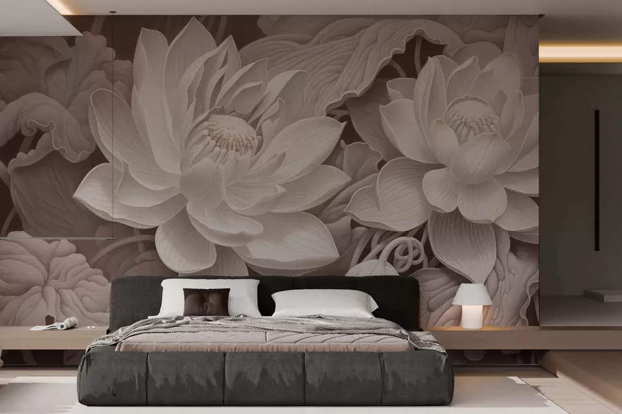 murales de pared Flores de loto de estilo vintage con suaves tonos sepia y pétalos detallados; ilustración botánica artística w05494v1