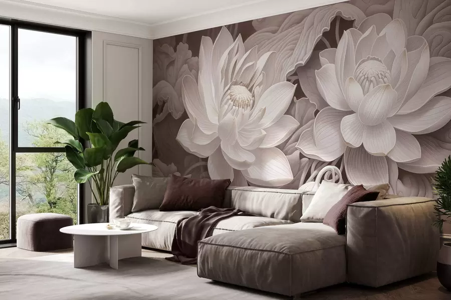 murales de pared Flores de loto de estilo vintage con suaves tonos sepia y pétalos detallados; ilustración botánica artística w05494v1