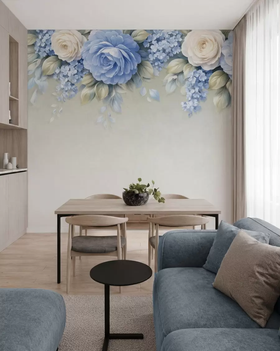 murales de pared Delicadas rosas y ramilletes florales en una composición botánica de inspiración porcelánica, con pétalos suaves dispuestos en capas y elegantes hojas onduladas w05495