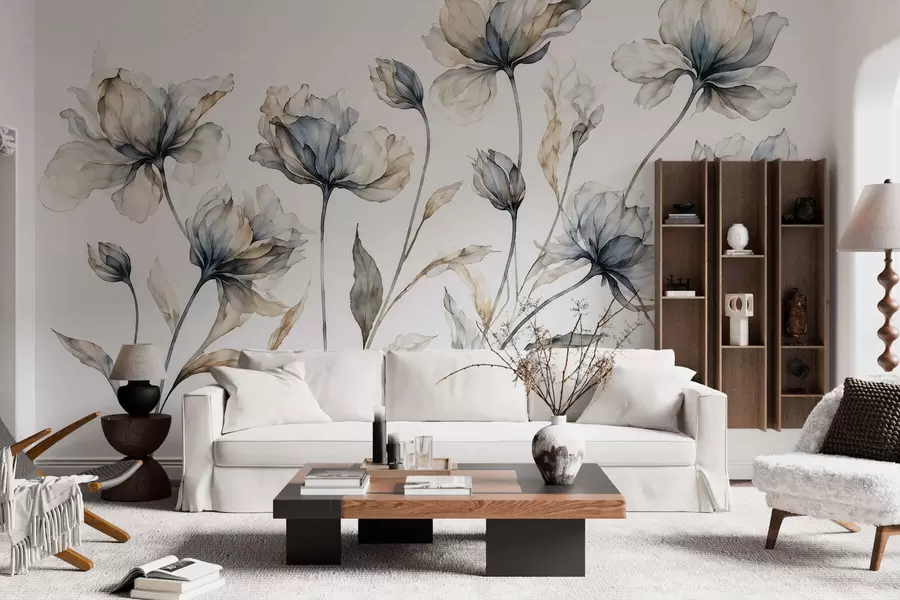 murales de pared Flores elegantes y ligeras, con pétalos translúcidos en capas y tallos largos y delicados w05579