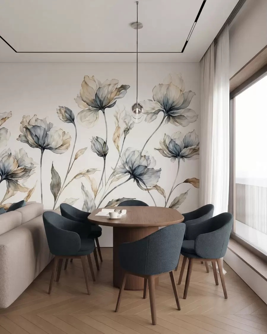 murales de pared Flores elegantes y ligeras, con pétalos translúcidos en capas y tallos largos y delicados w05579
