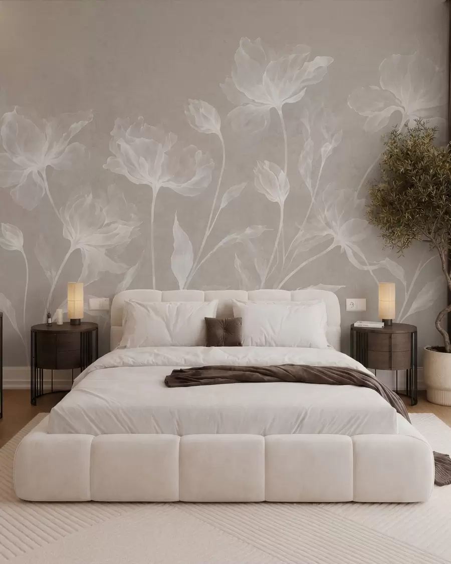 murales de pared Flores elegantes y ligeras, con pétalos translúcidos en capas y tallos largos y delicados w05579v1