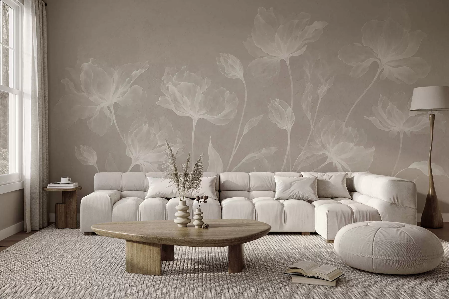 murales de pared Flores elegantes y ligeras, con pétalos translúcidos en capas y tallos largos y delicados w05579v1