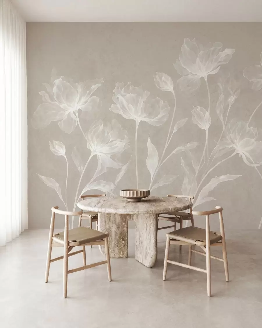murales de pared Flores elegantes y ligeras, con pétalos translúcidos en capas y tallos largos y delicados w05579v1