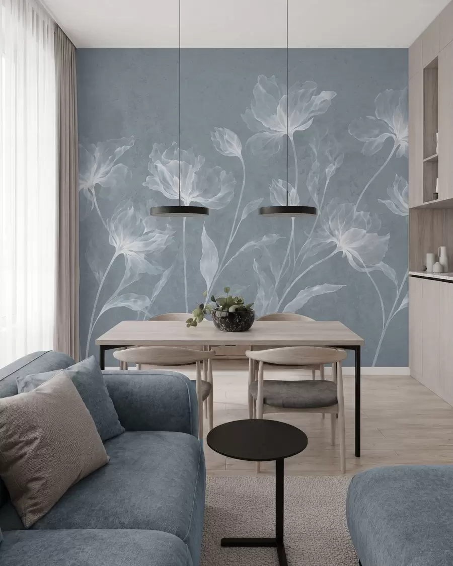 murales de pared Flores elegantes y ligeras, con pétalos translúcidos en capas y tallos largos y delicados w05579v2