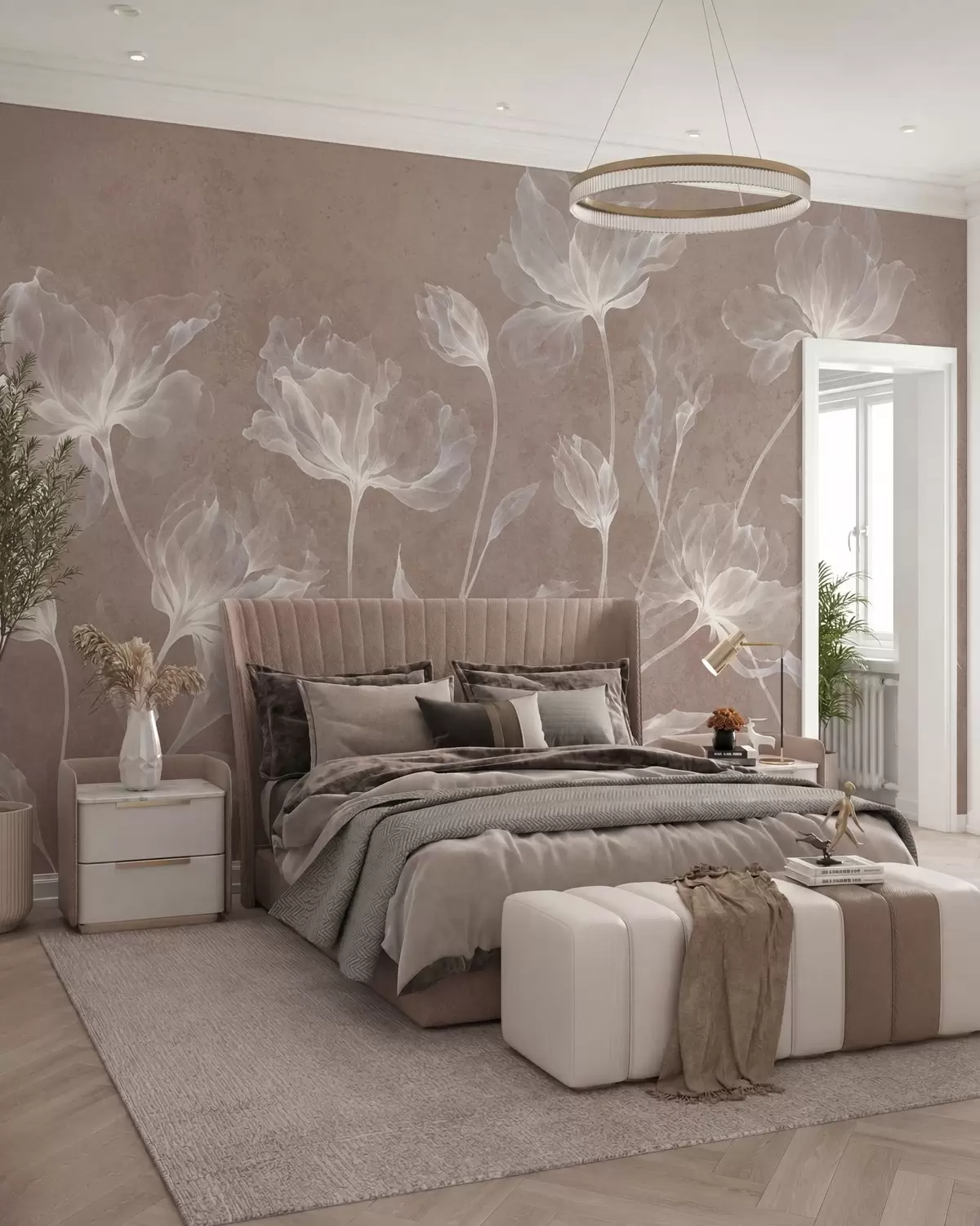 murales de pared Flores elegantes y ligeras, con pétalos translúcidos en capas y tallos largos y delicados w05579v3