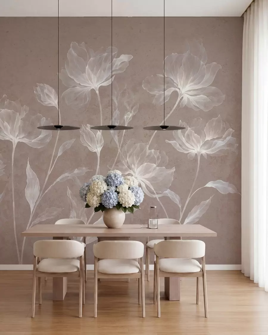 murales de pared Flores elegantes y ligeras, con pétalos translúcidos en capas y tallos largos y delicados w05579v3