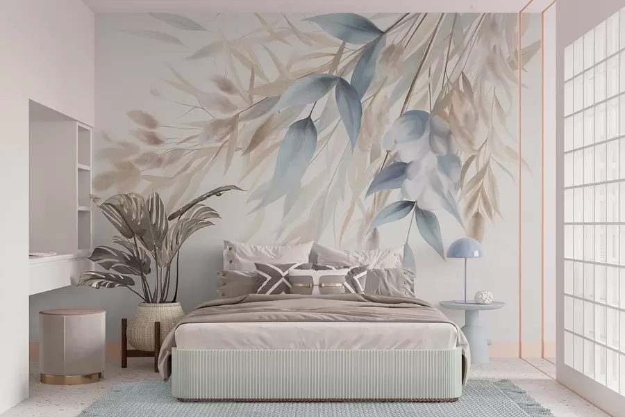 murales de pared Hierba seca con textura, hierba de la pampa y hojas azules, pintadas con un estilo suave, al estilo de la acuarela w09868