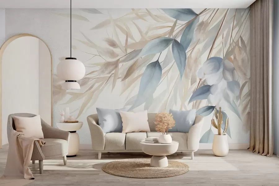 murales de pared Hierba seca con textura, hierba de la pampa y hojas azules, pintadas con un estilo suave, al estilo de la acuarela w09868