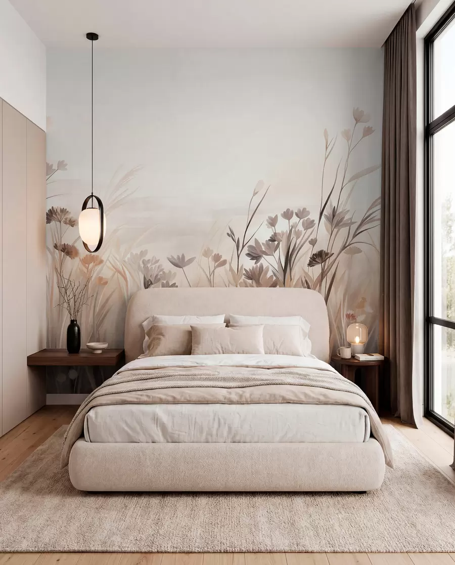 murales de pared Un campo de flores silvestres en tonos apagados de marrón y beige, con hierbas altas y delicadas flores w09872