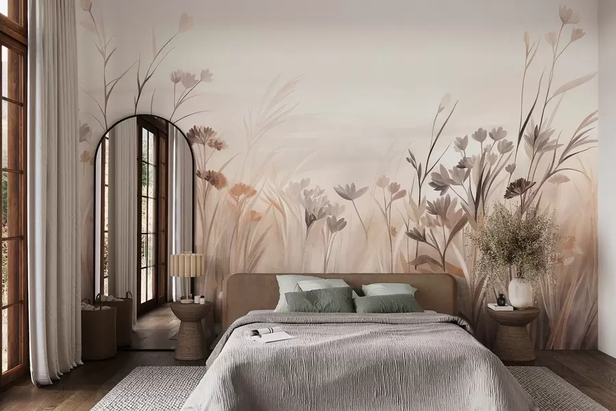 murales de pared Un campo de flores silvestres en tonos apagados de marrón y beige, con hierbas altas y delicadas flores w09872