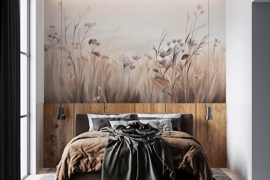 murales de pared Un campo de flores silvestres en tonos apagados de marrón y beige, con hierbas altas y delicadas flores w09872