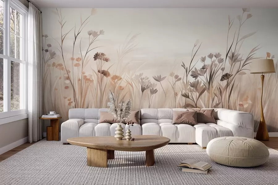 murales de pared Un campo de flores silvestres en tonos apagados de marrón y beige, con hierbas altas y delicadas flores w09872