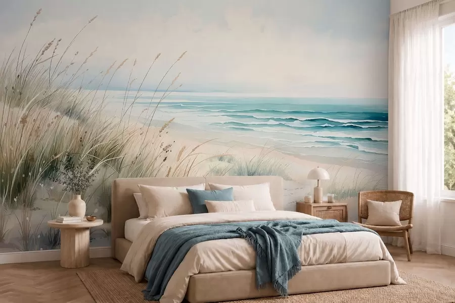 murales de pared Playa de arena con olas y dunas w05537