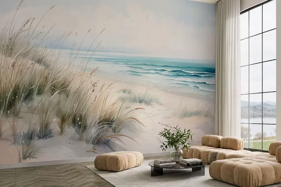 murales de pared Playa de arena con olas y dunas w05537
