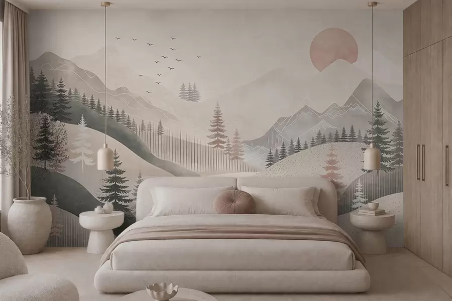 murales de pared Paisaje montañoso minimalista con pinos w05626