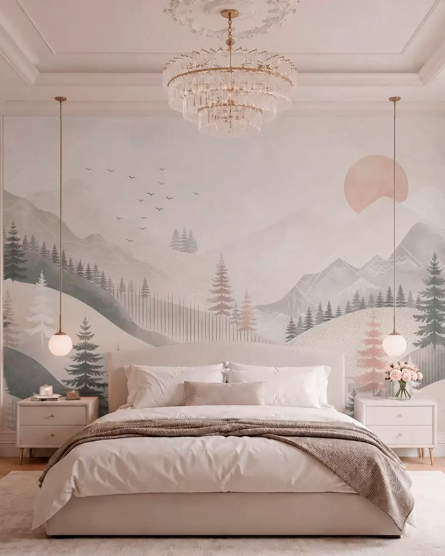 murales de pared Paisaje montañoso minimalista con pinos w05626