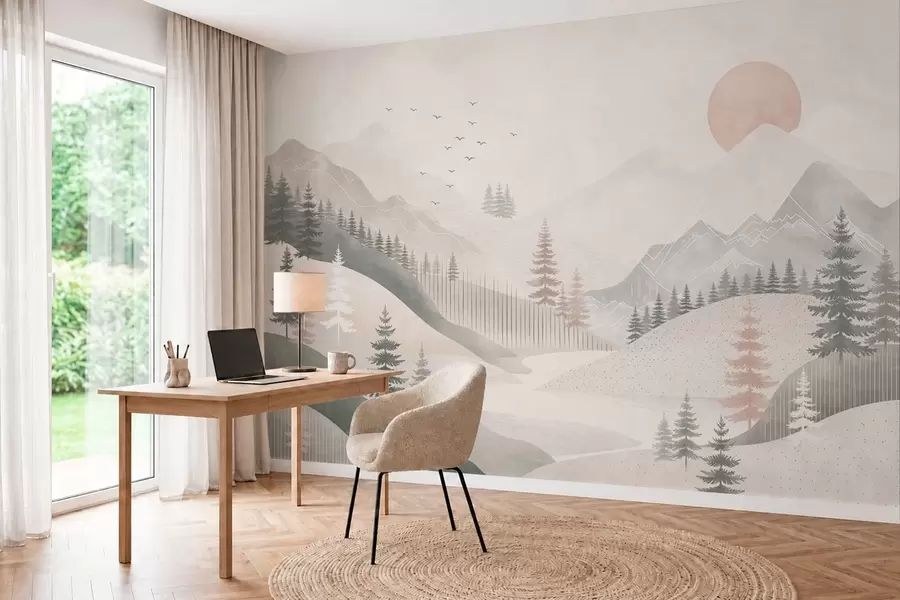 murales de pared Paisaje montañoso minimalista con pinos w05626