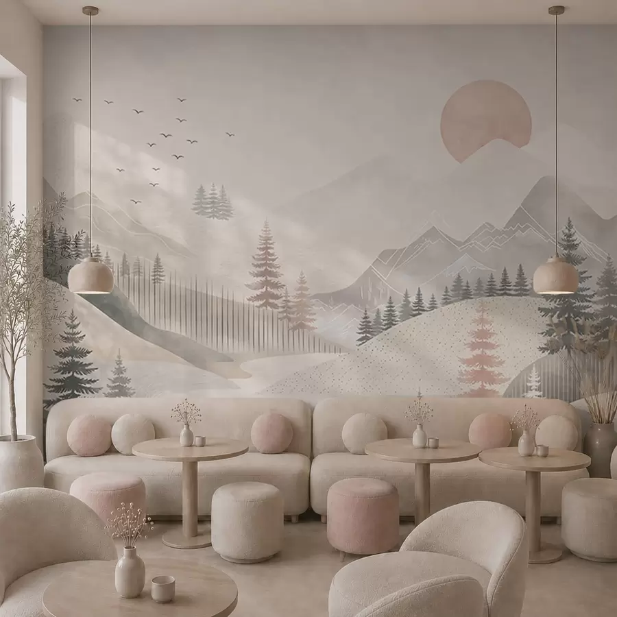 murales de pared Paisaje montañoso minimalista con pinos w05626