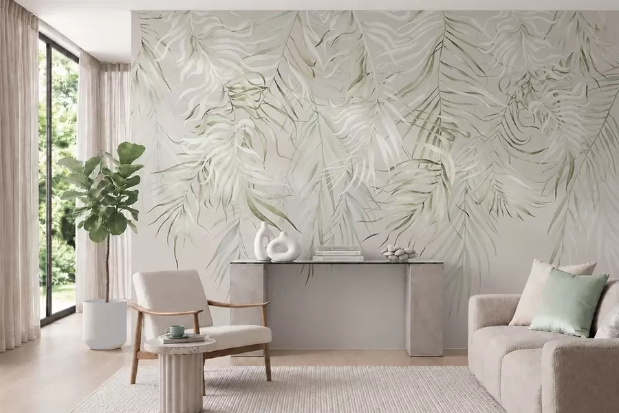 murales de pared Hojas tropicales en tonos pastel sobre un fondo claro w05627