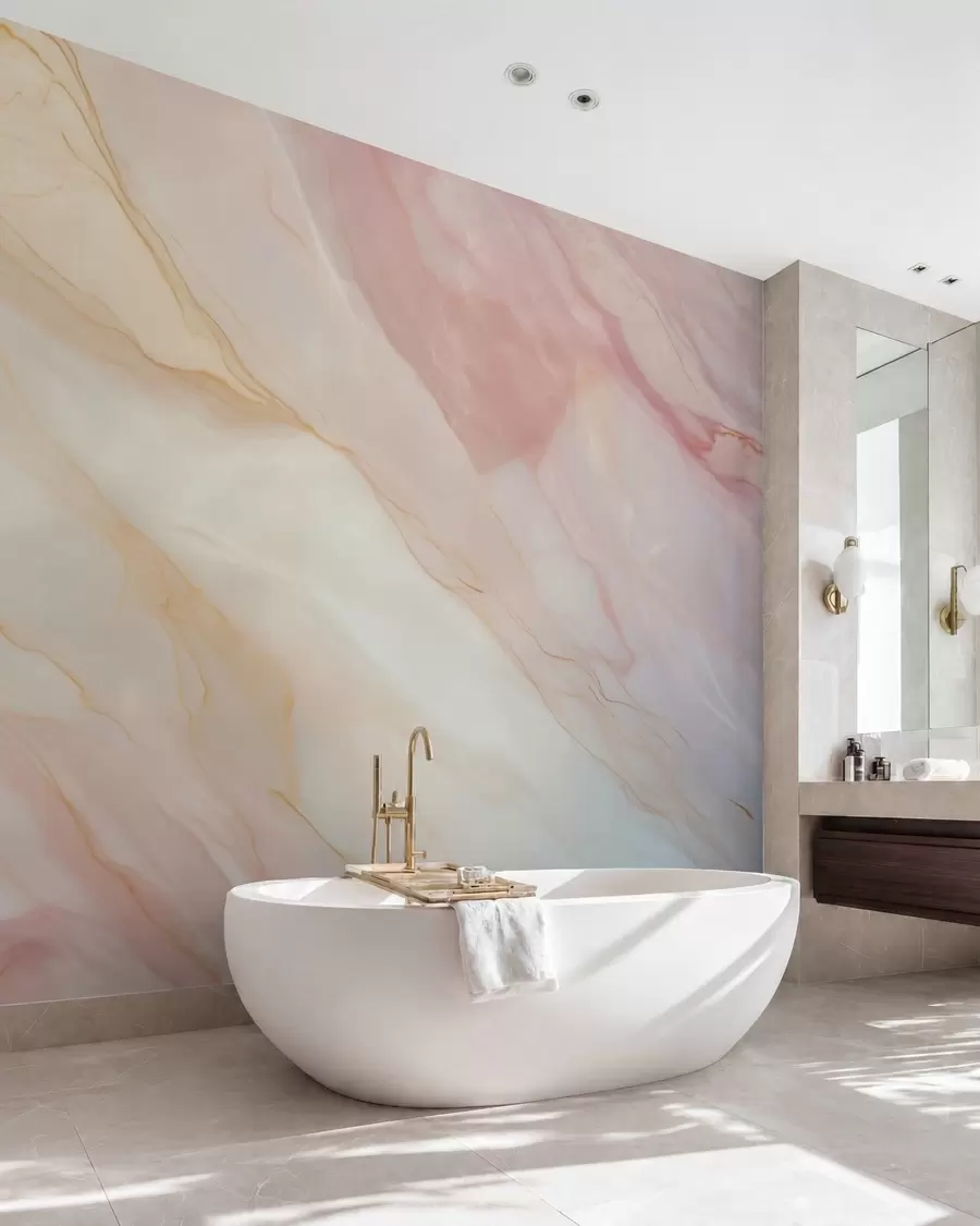 murales de pared Imitación de un patrón abstracto con textura de mármol en tonos rosas y amarillos w05632